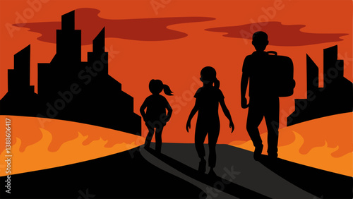 Family on the Move A silhouette of a family carrying backpacks walking along a road with a distant city skyline in flames symbolizing their flight from conflict.
