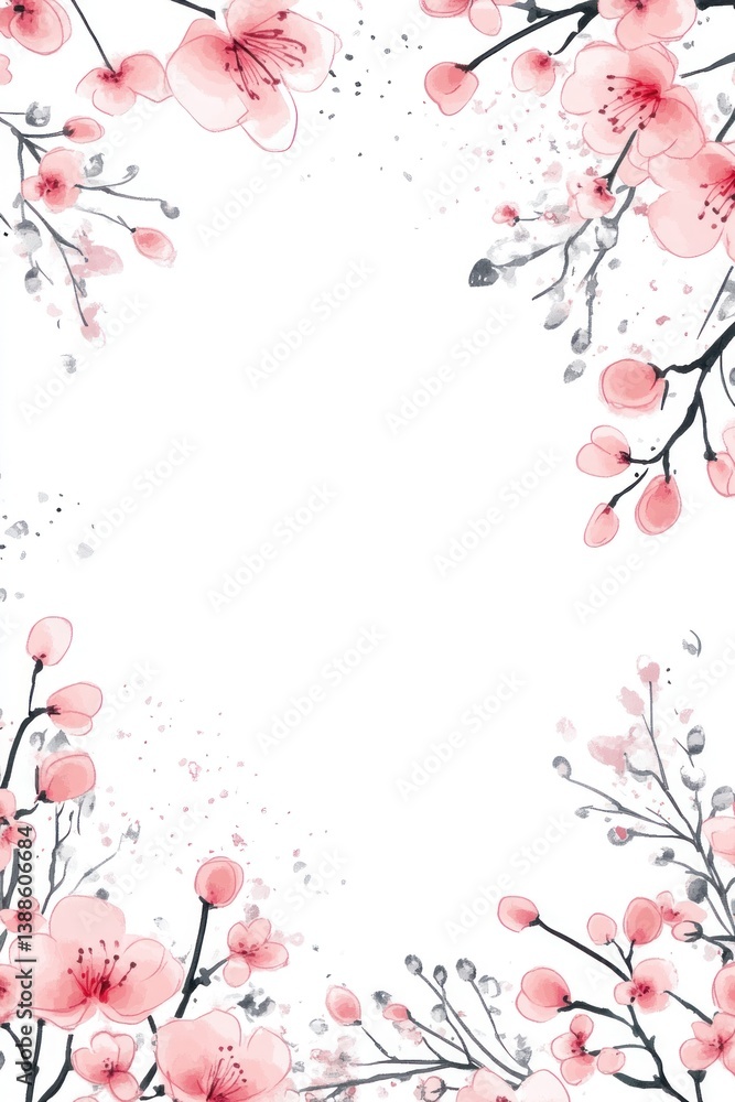 Naklejka premium Delicate watercolor painting depicting blossoming pink flower branches on white