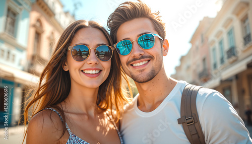 Cheerful young couple captured in a close-up on a sunny street, radiating joy and intimacy with stylish summer outfits and natural lighting.