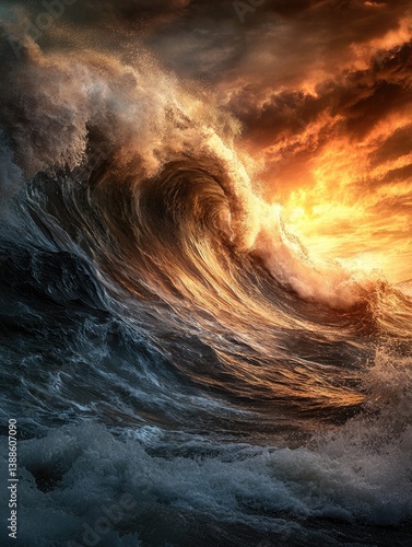 Powerful ocean wave, dramatic sunset