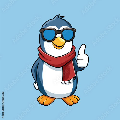 Penguin wearing a scarf and sunglasses , giving thumbs up vector illustration