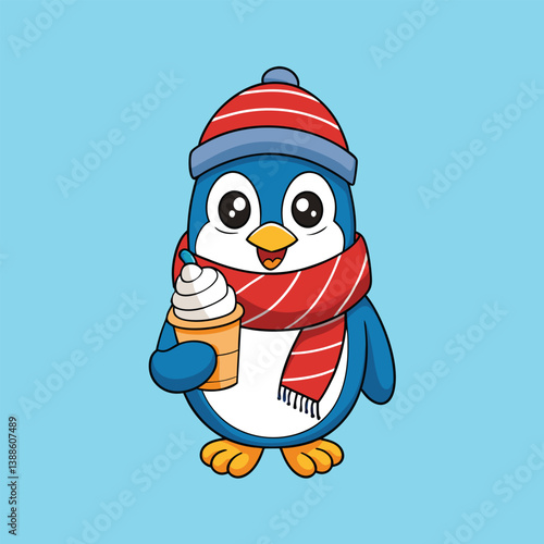 A penguin wearing a hat and scarf is holding an ice-cream isolated on white background