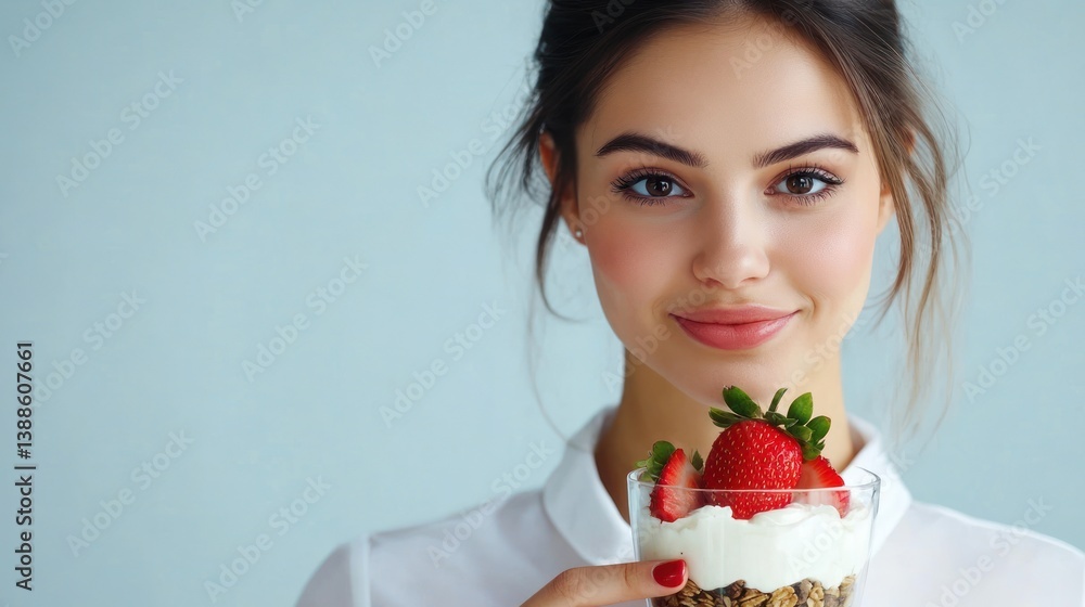 A Young Woman Holds a Delicious and Healthy Strawberry Yogurt Parfait A Young Woman Holds a Delicious and Healthy Strawberry Yogurt Parfait