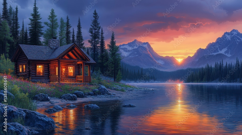 Fototapeta premium Cabin by lake, sunset illuminates mountains, water reflects light, trees surround. Serene scene