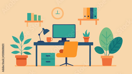 Home Office Setup An illustration of a cozy home office with a desk computer and a comfortable chair surrounded by plants to symbolize a positive work environment.