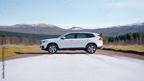 A white SUV, showcasing its sleek design and modern features, is parked on a dirt road. The vehicle is positioned against a scenic backdrop of snow-capped mountains and a forest. High-quality photog