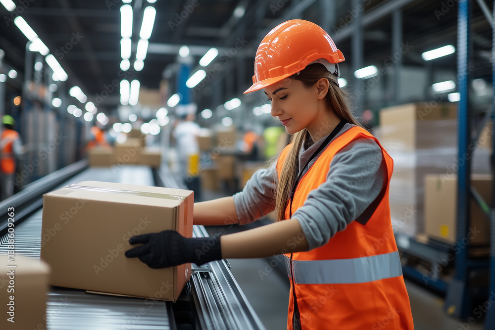 Warehouse Worker Handling Packages on Conveyor Belt