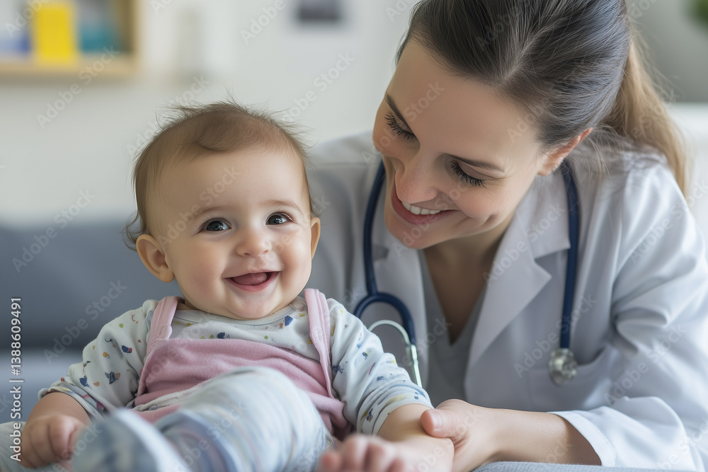 Smiling pediatrician with happy baby during checkup