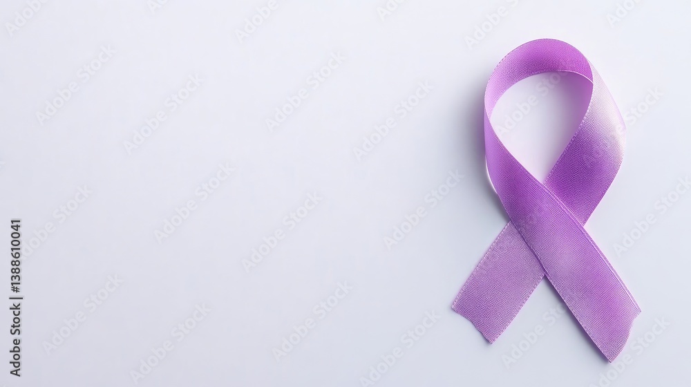 A lavender awareness ribbon is shown against a white background. The ribbon is tied in a classic bow shape. The image is clean and simple, with high resolution and even lighting. The style is minim A lavender awareness ribbon is shown against a white background. The ribbon is tied in a classic bow shape. The image is clean and simple, with high resolution and even lighting. The style is minim