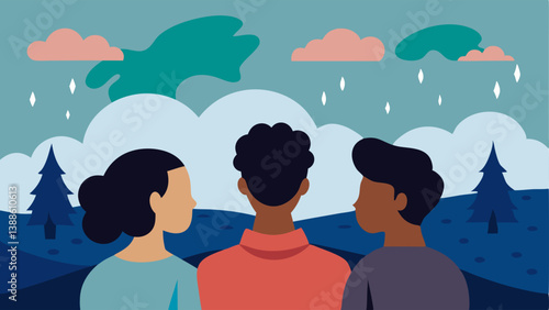 Group of Friends A diverse group of three young adults standing together sharing their stories with one another looking out over a landscape devastated by a storm.