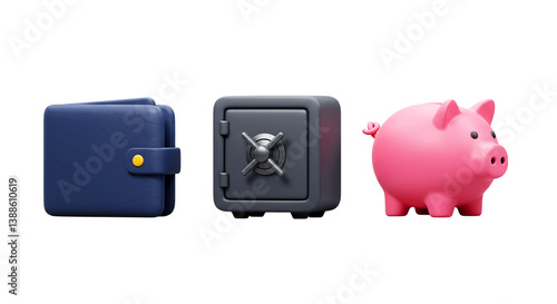 A blue wallet a gray safe and a pink piggy bank arranged in a row on a black background studio shot png