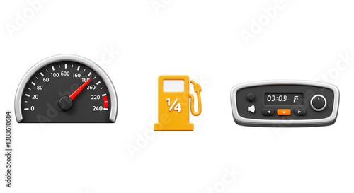 Illustration of a speedometer, gas gauge at quarter and a car radio on a black background png