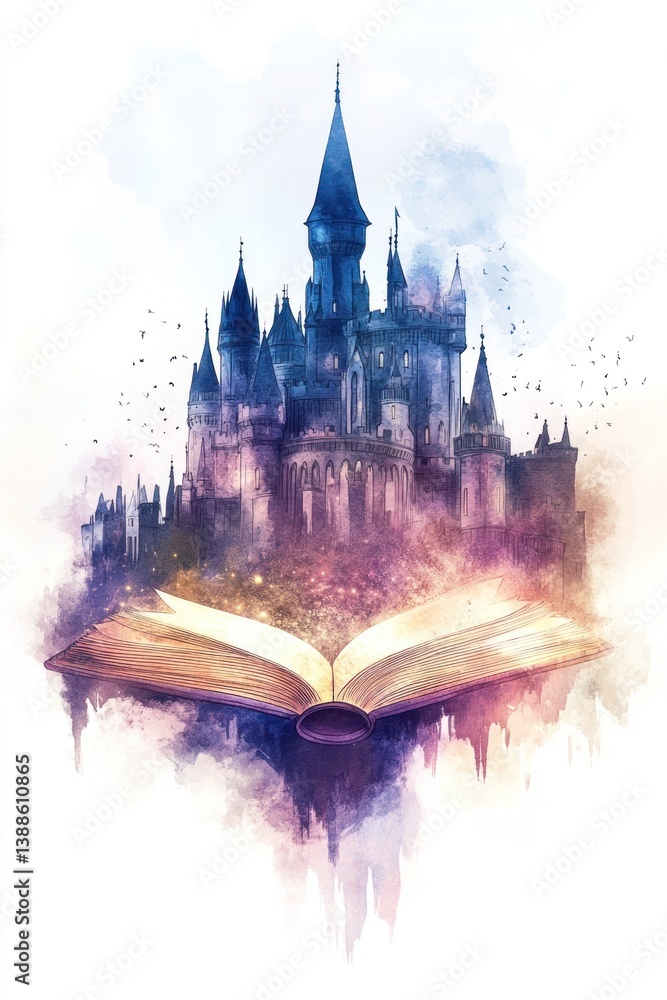 Fototapeta premium A magical illustration features a fairy tale castle above an open book