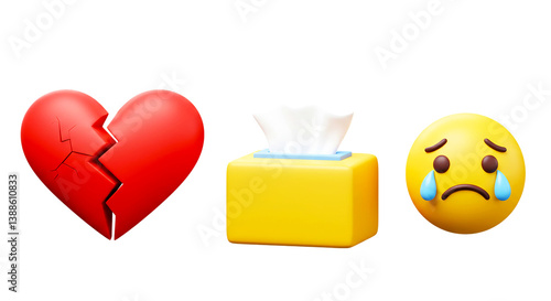 A broken heart emoji, a tissue box, and a crying emoji on a black background in a horizontal line png