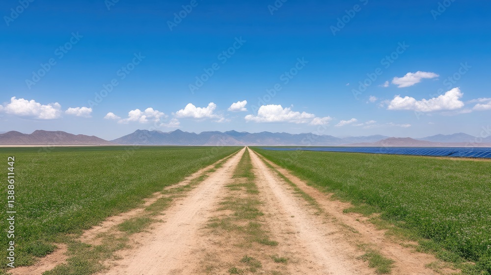 A dirt road stretches into the distance through a vibrant green field, leading to a mountain range under a clear blue sky A dirt road stretches into the distance through a vibrant green field, leading to a mountain range under a clear blue sky