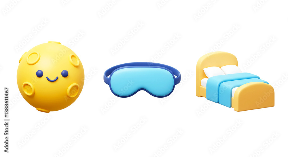 A cartoon moon with a face next to sleep mask and bed indicating bedtime and sleep preparation time png A cartoon moon with a face next to sleep mask and bed indicating bedtime and sleep preparation time png