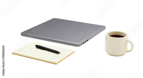 A closed laptop with a pen on a notebook and a cup of coffee on a black background studio shot png