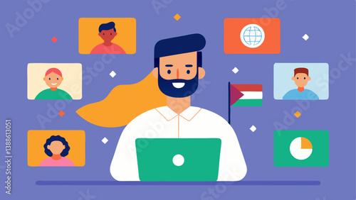 Cultural Exchange A project manager engaging with team members via video call showcasing cultural artifacts like flags or traditional items from their regions highlighting
