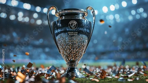 Champions League Trophy on Winning Night, Confetti Celebration