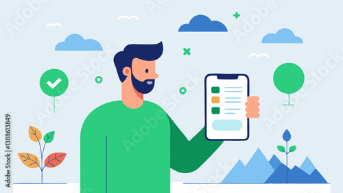 Digital Tools for Sustainability Illustrate a consultant explaining a mobile app designed for ecotourists showcasing features like carbon tracking and sustainable activity
