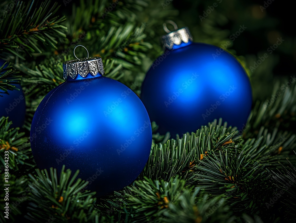 Fototapeta premium Stunning Blue Christmas Ornaments on Lush Green Fir Branches