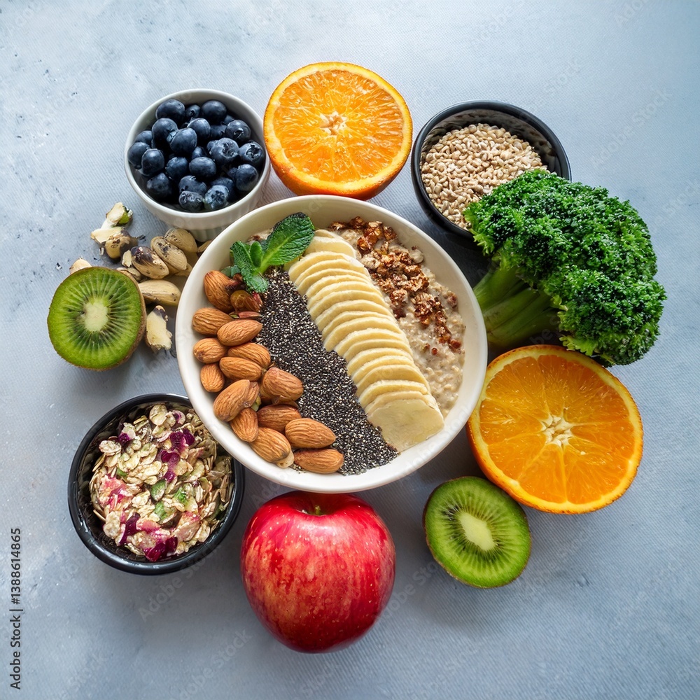 Vibrant and colorful arrangement of healthy food items displayed beautifully on a clean, neutral surface. Vibrant and colorful arrangement of healthy food items displayed beautifully on a clean, neutral surface.