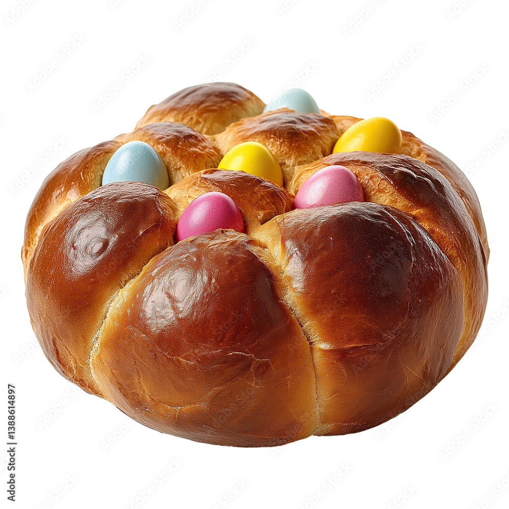 Classic Easter Baking Centerpiece – Bread with Colored Eggs. Transparent PNG