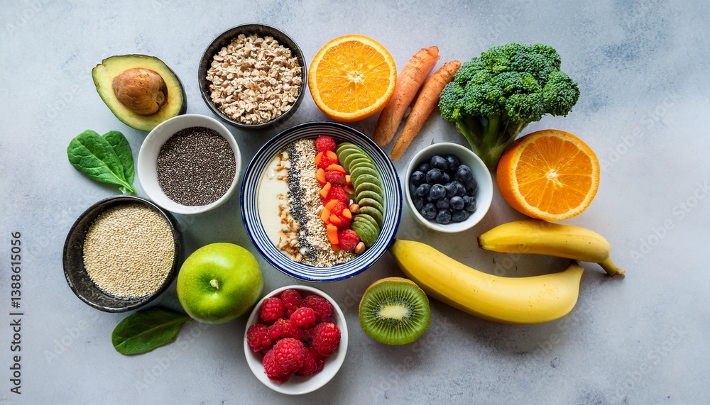 Vibrant and colorful arrangement of healthy food items displayed beautifully on a clean, neutral surface. Vibrant and colorful arrangement of healthy food items displayed beautifully on a clean, neutral surface.