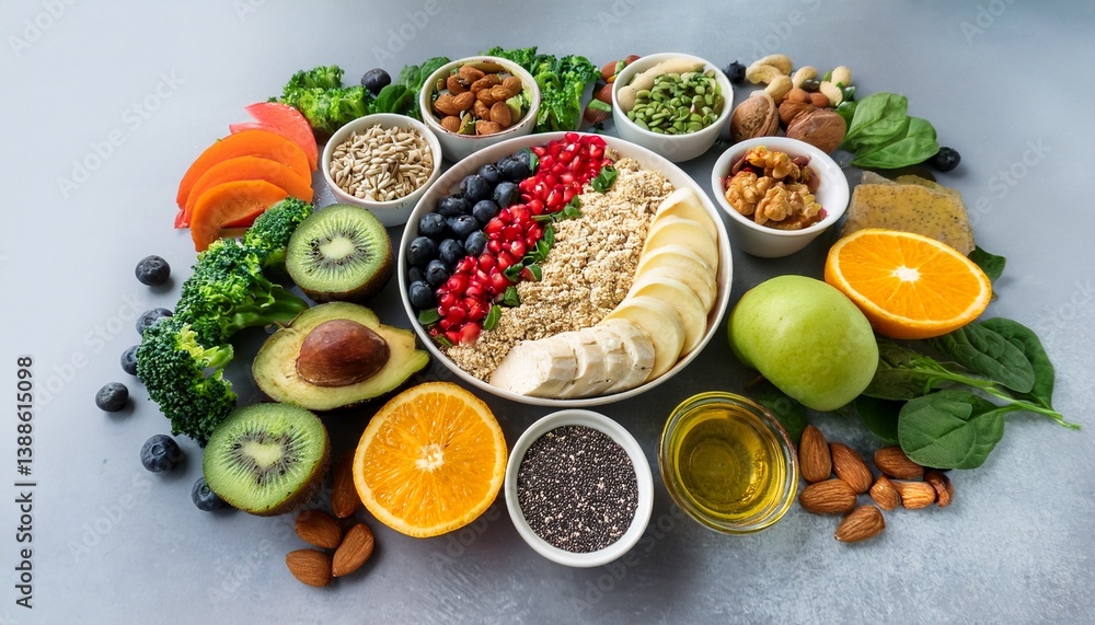Vibrant and colorful arrangement of healthy food items displayed beautifully on a clean, neutral surface. Vibrant and colorful arrangement of healthy food items displayed beautifully on a clean, neutral surface.