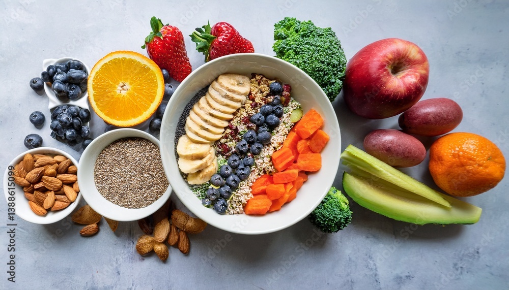 Vibrant and colorful arrangement of healthy food items displayed beautifully on a clean, neutral surface. Vibrant and colorful arrangement of healthy food items displayed beautifully on a clean, neutral surface.