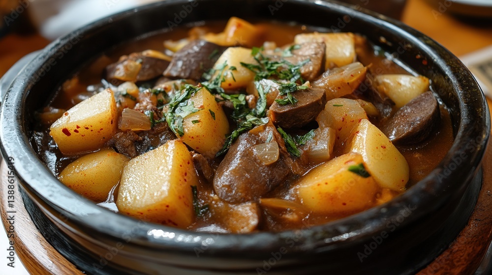 Beef stew with carrots, onions, and vegetables in a hot bowl Beef stew with carrots, onions, and vegetables in a hot bowl