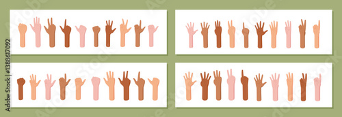 Cartoon flat hand count gesture set with fingers counting numbers. Collection features isolated palm positions, ideal for education and math concepts in a fun style.