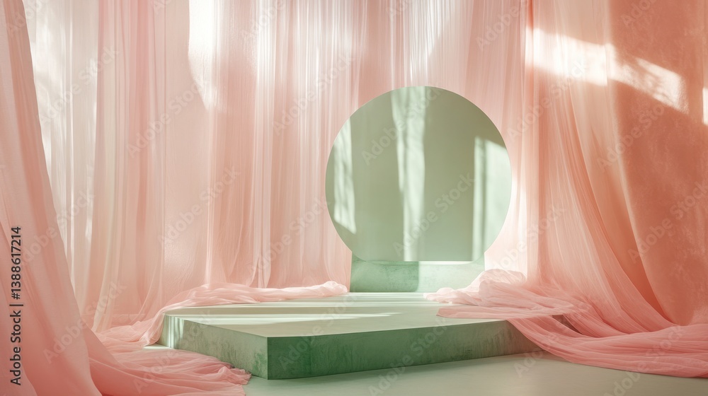 Pastel Studio Scene with Round Mirror, Ideal for Product Display Pastel Studio Scene with Round Mirror, Ideal for Product Display