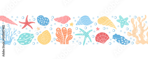 Colorful horizontal vector border showcasing underwater marine elements. Coral, seashells, and marine animals displayed in vibrant, playful cartoon style fit for banners and graphics.