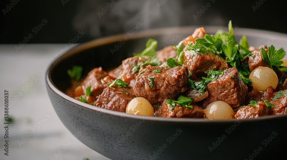 A deliciously rich beef stew filled with tender chunks of meat, pearl onions, and vibrant herbs. A deliciously rich beef stew filled with tender chunks of meat, pearl onions, and vibrant herbs.