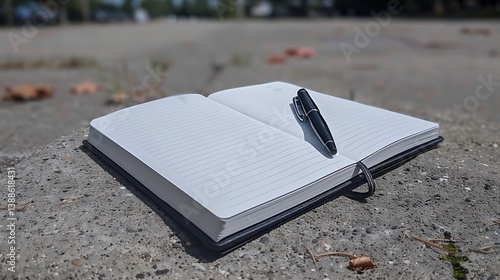 Wallpaper Mural An open notebook with a pen resting on a rough concrete surface Torontodigital.ca