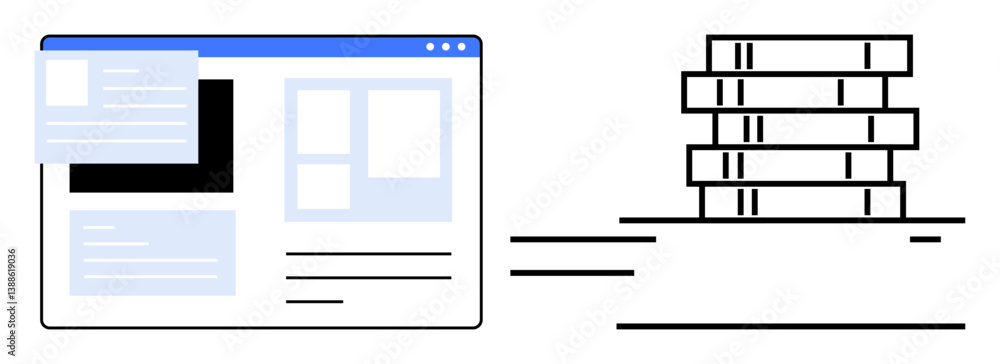 Web browser window displaying digital content paired with a stack of books. Ideal for education, research, knowledge sharing, technology integration, e-learning, media, and library systems. Flat Web browser window displaying digital content paired with a stack of books. Ideal for education, research, knowledge sharing, technology integration, e-learning, media, and library systems. Flat
