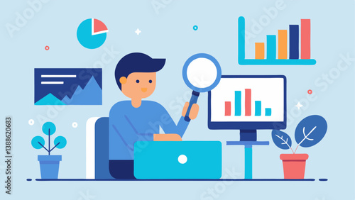 Data Analysis A character sitting at a desk surrounded by graphs and charts on a computer screen analyzing data trends with a magnifying glass to uncover insights for business