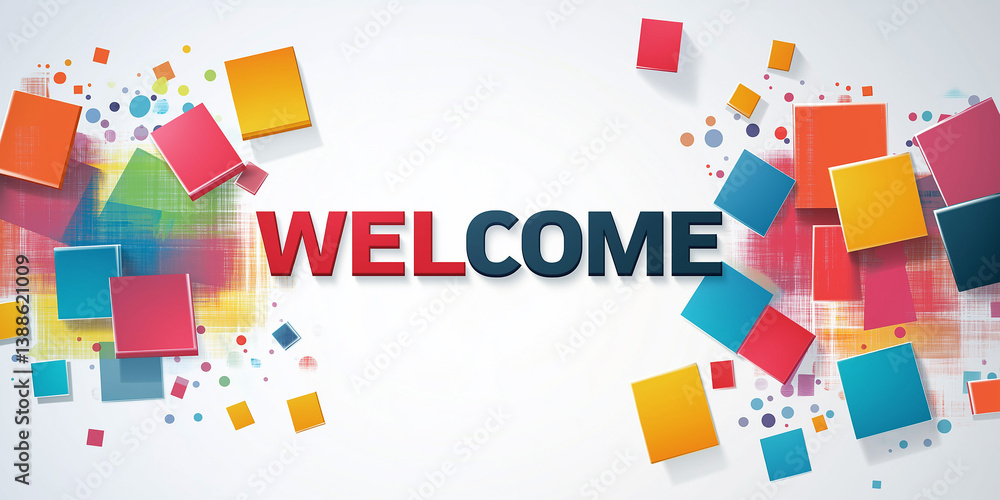 Fototapeta premium Welcome sign with colorful cubes and dots floating around