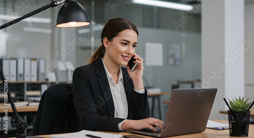 A woman in a black blazer talks on the phone while working on a laptop at a desk in a modern office, with shelves and a desk lamp in the background.
