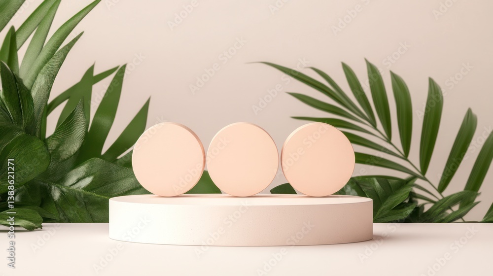 Fototapeta premium Empty display podium with tropical leaves. 3D render. Cosmetic product presentation