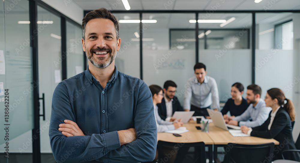 A confident man smiles with arms crossed in a modern office, while a focused team collaborates around a table in the background during a business meeting. A confident man smiles with arms crossed in a modern office, while a focused team collaborates around a table in the background during a business meeting.