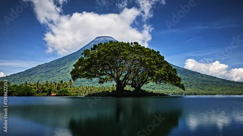 Serene Island Paradise Lush Tree on Volcanic Lake