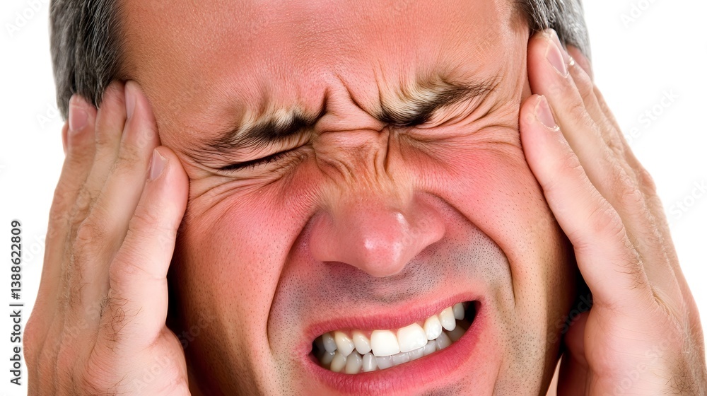 Man Grimacing in Pain Headache Stress Closeup Man Grimacing in Pain Headache Stress Closeup