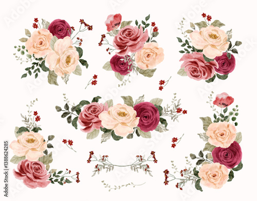 red pink peach floral watercolor bouquet collection; bouquet of roses decoration