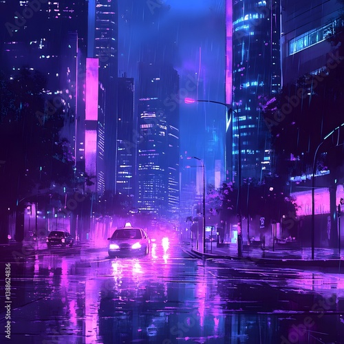 Wallpaper Mural Rainy Night Cityscape Neon Lights Digital Painting Torontodigital.ca