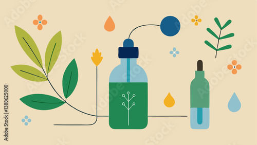 Natural Ingredients An illustration of natural plants or ingredients typically found in the serum connected to the serum bottle to emphasize organic quality.
