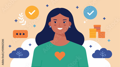 Community Support A woman at a community event sharing her financial success story with others who are inspired with a backdrop of supportive phrases like We Lift Each Other Up and