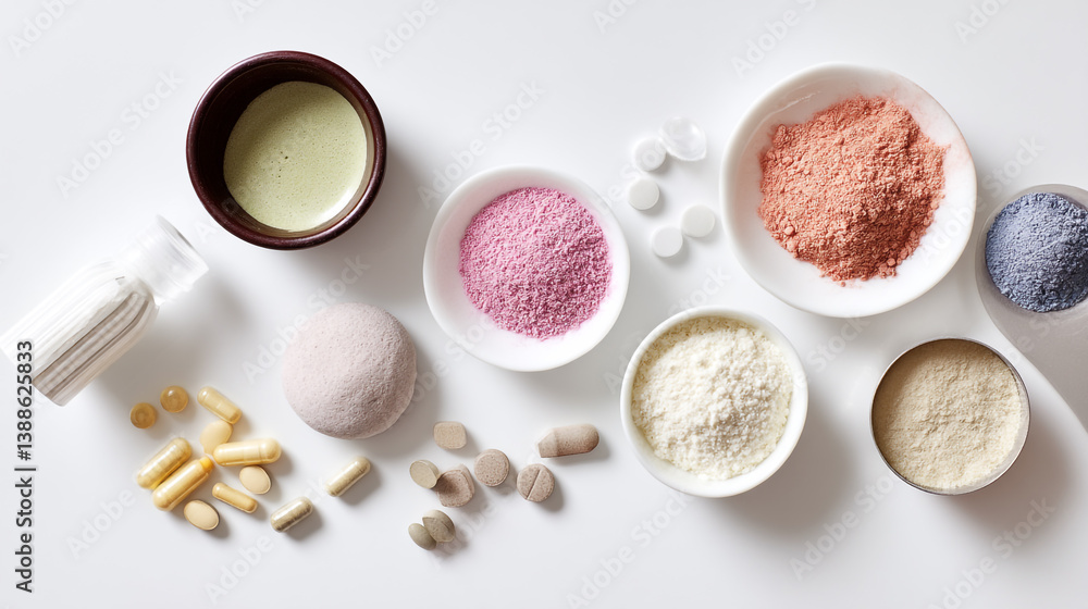 Wellness Arsenal: An eye-level close-up shot captures a diverse selection of health supplements, powders, pills and liquids. Evoking feelings of holistic wellbeing and natural remedies. Wellness Arsenal: An eye-level close-up shot captures a diverse selection of health supplements, powders, pills and liquids. Evoking feelings of holistic wellbeing and natural remedies.