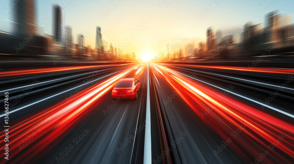 dynamic cityscape with speeding car at sunset dynamic cityscape with speeding car at sunset
